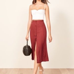 reformation red hermosa dita button midi skirt